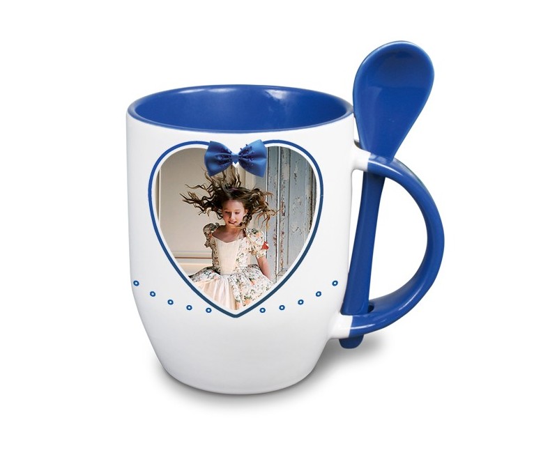 TAZA DE SUBLIMAC. CON INTERIOR, ASA Y CUCHARITA AZULES