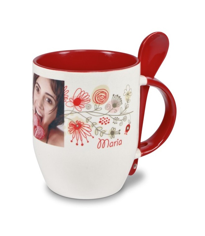 TAZA DE SUBL. CON INTERIOR, ASA Y CUCHARITA ROJAS