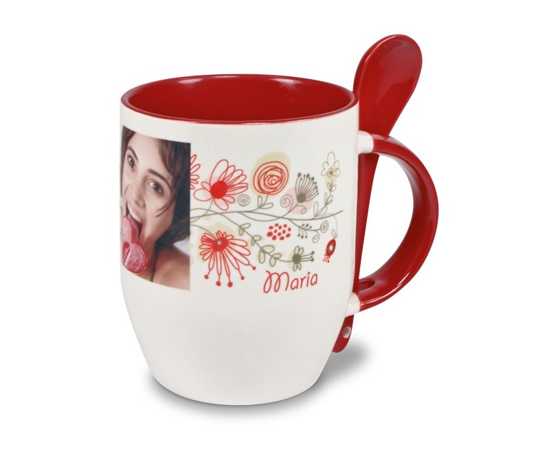 TAZA DE SUBL. CON INTERIOR, ASA Y CUCHARITA ROJAS